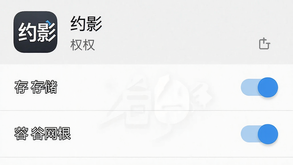 一张展示手机应用权限设置界面的图片,画面主体是“约影”的应用信息页面,布局为顶部应用图标和名称,下方是权限管理列表,包含存储和网络权限开关,排版清晰,风格原生安卓设置界面,细节上开关按钮为蓝色高亮,画质干净无多余元素。