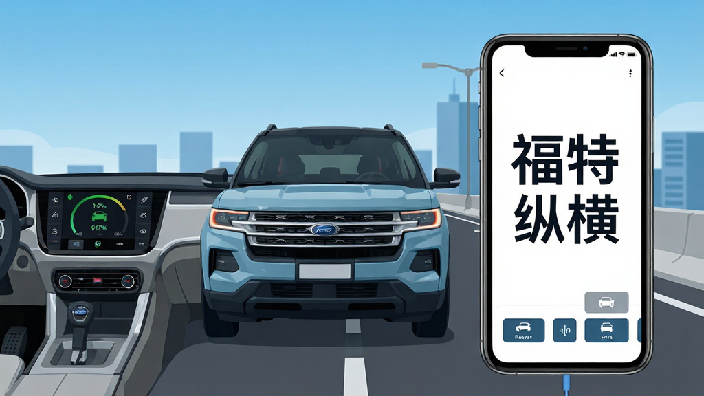 ����������һ������SUV���ֻ���Ļ�����ӵĳ������ֻ���Ļ��ʾ�������ݺᡱ�ĸ����֣������ǳ��е�·�����죬���ֲ������ҷ�����ͼ������������п�̨���Ҳ����ֻ����棬�Ű������������Ϊ�ִ���ƽ���Ƽ��磬ϸ�����ֻ���Ļ�ڰ�������״̬ͼ����Զ�̿��ư�ť�����ʸɾ��޶���Ԫ�أ���ˮӡ�������ȸ�