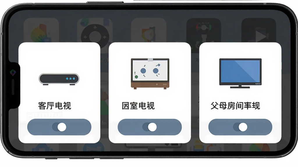 ���ӻ�ң����App���豸�������棬�ֻ���Ļ��ʾ��̨��ͬ�豸�Ŀ�Ƭ���ֱ��ע�������ӡ�����ͶӰ����ĸ������ӣ�ÿ�ſ�Ƭ���豸ͼ����л���ť���������룬����ִ���ƽ�����ʸɾ��޶���Ԫ��