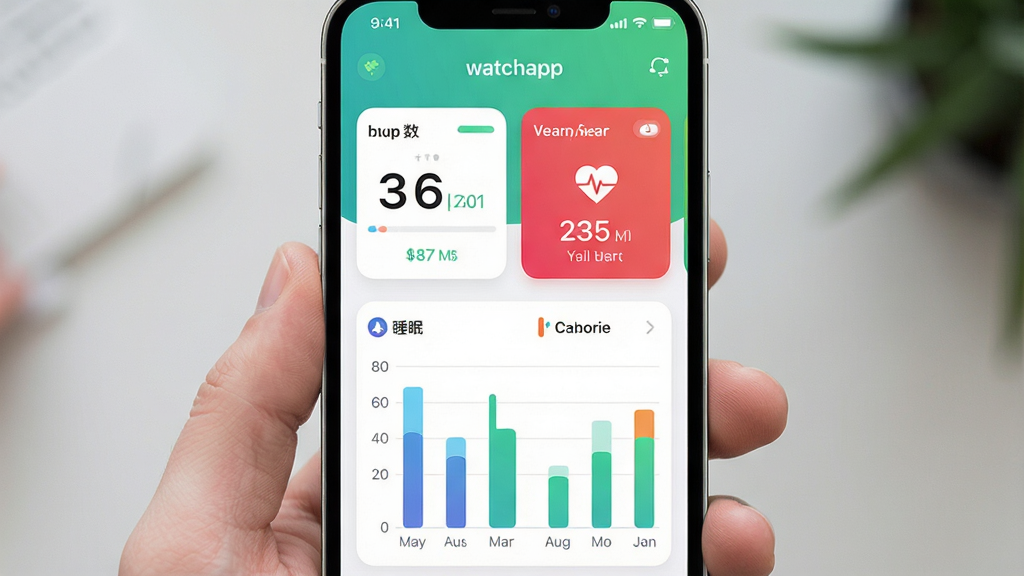 һ���ֻ���Ļ��ͼ����ͼƬ��չʾ��watchapp���Ľ������ݿ�����棬�Ϸ��ǲ��������ʵĴ����ֿ�Ƭ���·���˯�ߺͿ�·�����״ͼ����ɫ���£�ͼ������������������ִ������ʸɾ����޶���װ��