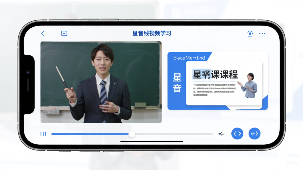 ����������Ƶ�γ�ѧϰ���棬�ֻ�������ʾ��ʦ�ڿλ����PPT�μ����·��н������ͱ��ٰ�ť����������ˬ����ɫ������Ϊ����ϸ�ھ��£����ʸɾ��޶���Ԫ��