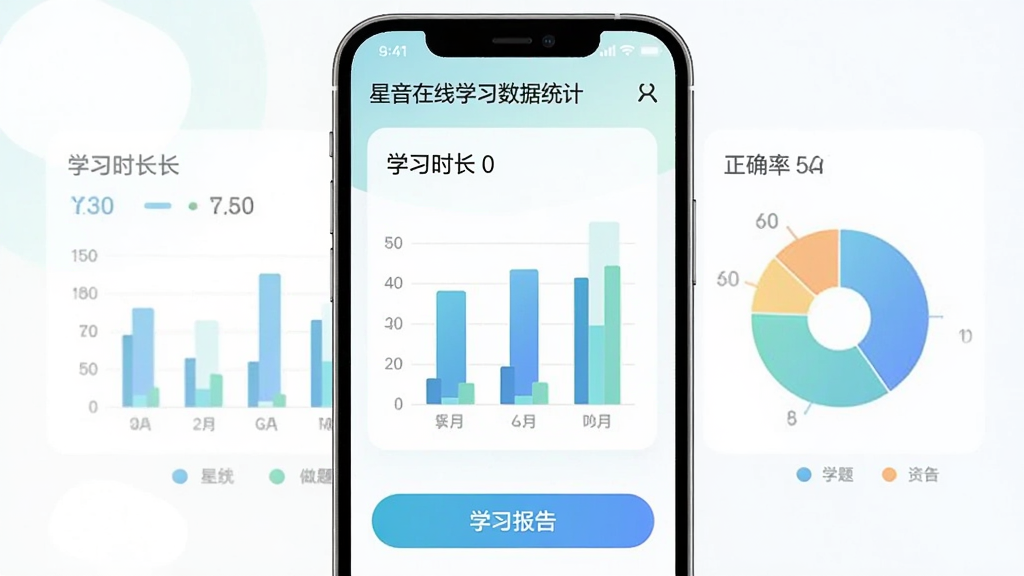 ��������ѧϰ����ͳ��ҳ�棬�ֻ���Ļ��ʾ��״ͼ�ͱ�״ͼչʾѧϰʱ����������������ȷ�ʵ����ݣ�ҳ��ײ���ѧϰ���水ť��������ɫ���£�����Լ�ִ������ʸɾ��޶���Ԫ��