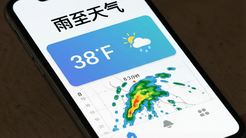 手机屏幕特写展示天气应用主界面,顶部大字显示“雨至天气”,中间是蓝色渐变背景下的温度数字和天气图标,下方有分钟级降雨雷达图,底部简洁导航栏,整体风格清爽无广告,扁平化设计,画质干净,无多余元素