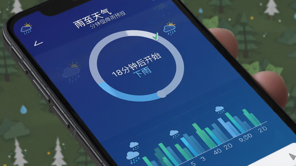 手机屏幕显示“雨至天气”分钟级降雨预报界面,中央是一个圆环进度条,标注“18分钟后开始下雨”,下方有逐分钟降雨柱状图,背景为深蓝色渐变,界面干净,数据清晰,扁平化设计,无广告元素
