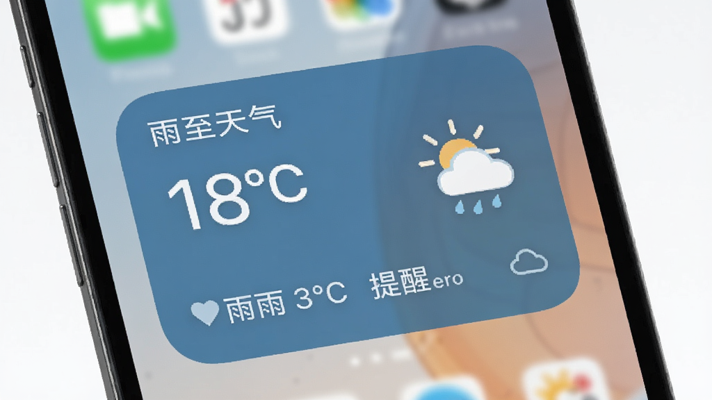 手机桌面展示“雨至天气”桌面小组件,组件显示当前温度、天气图标和降雨提醒文字,背景是简洁的手机壁纸,组件设计圆润,信息一目了然,整体画质清晰,无多余元素