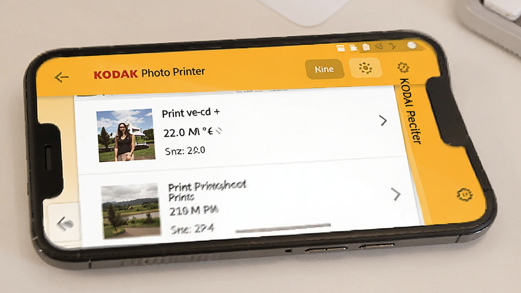 һ��չʾKODAK Photo Printer��ӡ��¼�����ͼƬ���ֻ���Ļ��ʾKODAK Photo PrinterӦ�õĴ�ӡ��¼�б���ÿ����¼������Ƭ����ͼ����ӡʱ��ͳߴ���Ϣ�������԰�ɫ�Ϳ´��Ϊ��ɫ��������������������ִ��������Ǹɾ���ǳɫ���棬���ʸɾ����޶���Ԫ�أ�ͼƬ������Ϊ