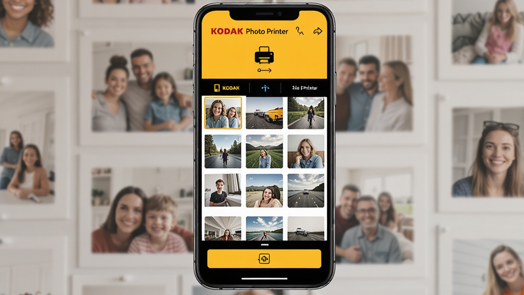 һ��չʾKODAK Photo PrinterӦ���������ͼƬ�������������ֻ���Ļ����Ļ����ʾKODAK Photo PrinterӦ�ý��棬�����Կ´ﾭ��ƺ���ɫΪ���������д�ӡ������״̬ͼ�꣬�м�����Ƭѡ�����񣬵ײ��Ǵ�ӡ��ť����������ܰ�ļ�ͥ��Ƭǽ����������ִ���࣬ϸ�����������ʸɾ����޶���Ԫ�أ�ͼƬ������Ϊ