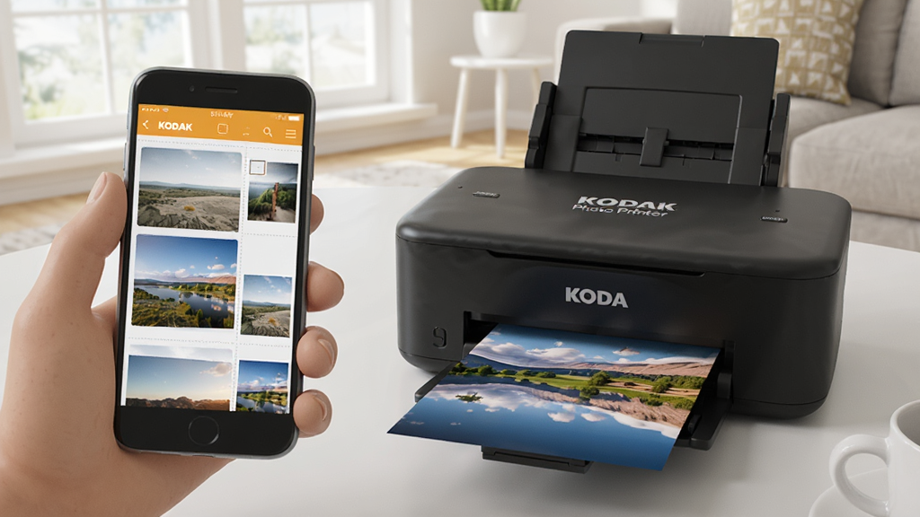 һ��չʾKODAK Photo Printer��ӡ���ܵ�ͼƬ��������һֻ�������ֻ����ֻ���Ļ����ʾKODAK Photo PrinterӦ������ѡ����Ƭ���Ա���һ̨�´���Ƭ��ӡ�����������ɫ��Ƭ����Ƭ����Ϊ�羰�գ������������Ŀ������棬��������ϸ�ڷḻ������������ͼƬ������Ϊ