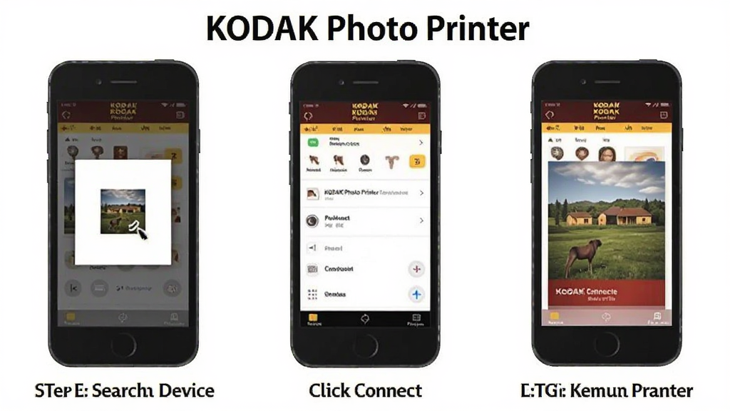 һ��չʾKODAK Photo Printer���Ӵ�ӡ�����������ͼƬ�������Ϊ��������չʾ����һ���ֻ������豸���ڶ���������ӣ���������ӡ��Ƭ��ÿ�������ֻ������ͼ�Ͷ�Ӧ����˵�������̳�����Ϣͼ���������������ʸɾ����޶���Ԫ�أ�ͼƬ������Ϊ