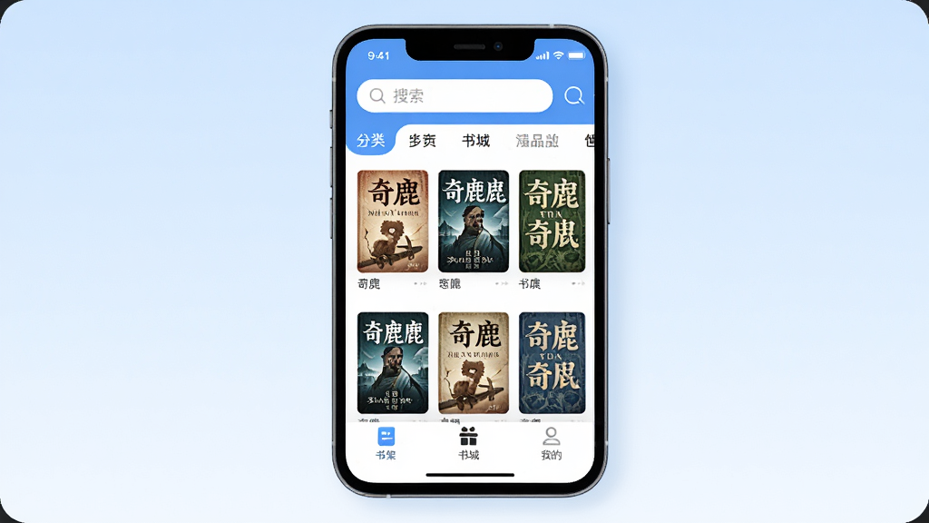 奇鹿 应用主界面展示,画面中央是手机屏幕,屏幕内显示奇鹿app的书架页面,排列着几本封面精美的小说,顶部有搜索栏和分类标签,底部是书架、书城、我的三个选项卡,背景是淡蓝色渐变,干净清爽,风格现代扁平,细节圆润,画质清晰无多余元素