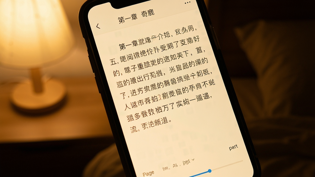 奇鹿 阅读界面特写,手机屏幕显示小说正文,文字排版整齐,背景是米黄色护眼模式,顶部有章节名,底部有翻页进度条,周围环境是夜晚床头灯氛围,风格温馨安静,画质干净无多余元素