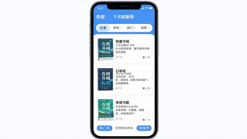 奇鹿 书城推荐页面,手机屏幕显示书单列表,每本书有封面、书名和一句话简介,顶部有分类筛选栏,底部有热门标签,界面以蓝白色调为主,风格简洁明快,画质清晰无多余元素
