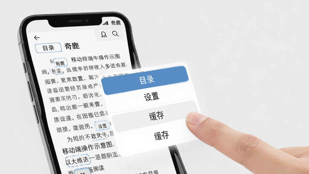 奇鹿 移动端操作示意图,手机屏幕显示阅读界面,旁边有手指点击屏幕呼出菜单的示意,菜单包含目录、设置、缓存等按钮,背景是浅灰色,风格简洁教程风,画质干净无多余元素