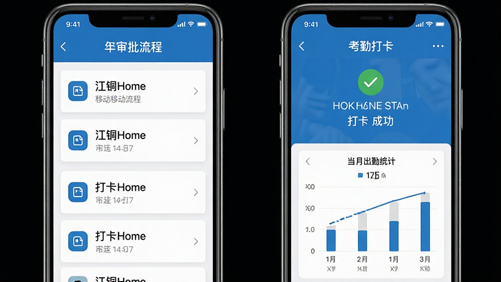 һ��չʾ��ͭHome�ƶ������뿼�ڹ��ܵ��ֻ���ͼ����������������������б����Ҳ��ǿ��ڴ򿨽��棬��ʾ�򿨳ɹ�״̬�͵��³���ͳ�ƣ���������ɫ�Ͱ�ɫΪ��ɫ����ͼ�����������ֺ���������ִ���ƽ�����ʸɾ��޶���Ԫ��