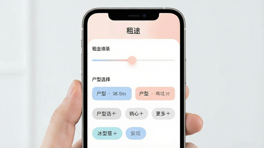 һ���ֻ�Appɸѡ�����ͼ����ʾ��𻬿顢����ѡ�񡢸���ɸѡ��ǩ����������Ϊ����;��������������������ťԲ����ɫ��ͣ����ʸ��壬�޶���Ԫ��