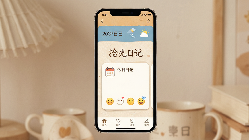 һ��չʾʰ���ռ��ֻ�Ӧ�����������ϸ��ͼ��ʾ�ʡ�������һ�������ֻ���Ļ����Ļ����ʾʰ���ռ�Ӧ�õ���ҳ�����ֶ��������ں��������м��ǽ����ռǿ�Ƭ���ײ��ǵ��������Ű�Ϊ����չʾ���������ܰ����ϵ��ůɫ����ϸ�ڰ�����͵�ֽ��������������д������⡰ʰ���ռǡ�������ͼ���������顣�����������ɾ����޶���Ԫ�ء�