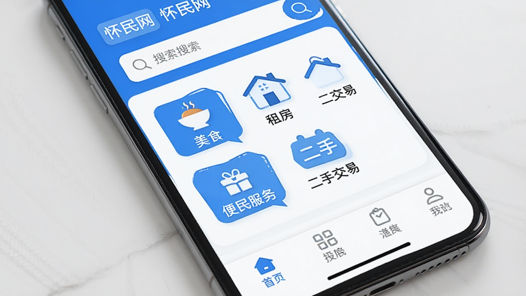 一张手机屏幕展示怀民网App主界面的图片,界面以蓝白配色为主,顶部搜索栏,中间是分类图标如美食、租房、二手交易、便民服务,底部导航栏清晰,整体风格简洁现代,画质干净清晰,无多余元素,图片中带有“怀民网”文字标识