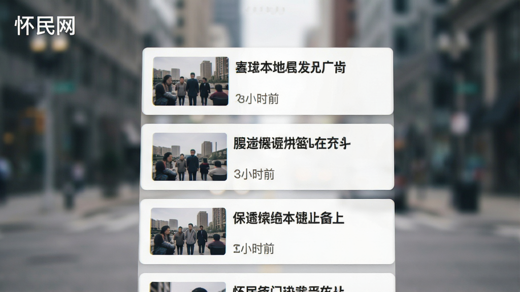 一张展示怀民网本地资讯列表的手机截图,画面中有多条卡片式信息流,每条卡片带有缩略图、标题和发布时间,背景是城市街景虚化,风格清爽,图片中带有“怀民网”文字,画质干净无多余元素