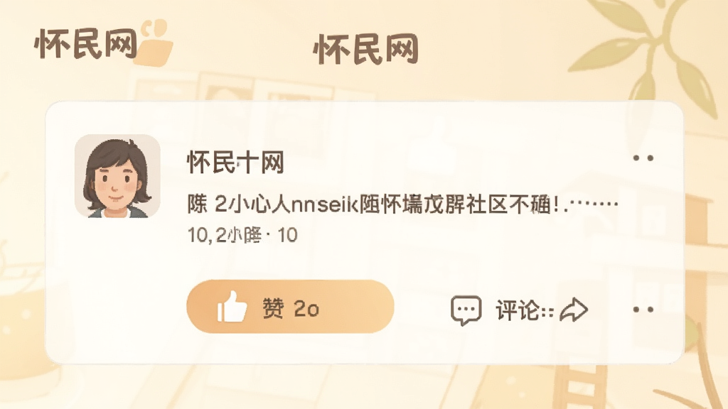 一张怀民网社区互动界面的示意图,画面中有用户头像、帖子标题、点赞和评论按钮,背景是柔和的暖色调,风格亲切,图片中带有“怀民网”文字,画质干净无多余元素