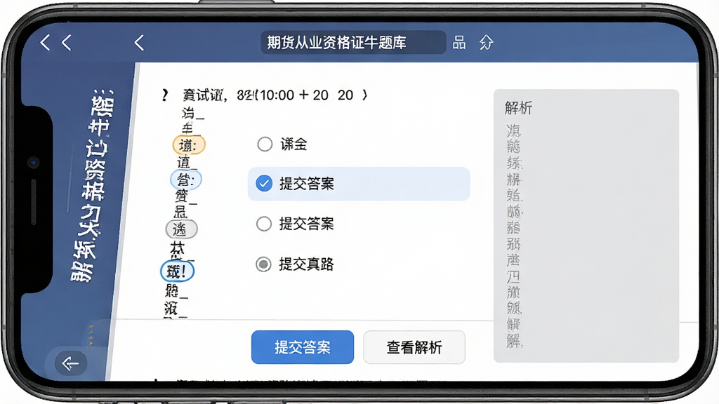 һ��չʾ���ڻ���ҵ�ʸ�֤ţ��⡱APP������������ϰ������ֻ���ͼ���������ֻ���Ļ�ϵ������Ծ�������Ϊ������ʾ���Ե���ʱ���ܷ֣��м��ǵ�ѡ����ɺ��ĸ�ѡ��ײ��С��ύ�𰸡��͡��鿴��������ť�����Ϊ��ʵ����ģ��磬ϸ����ѡ����ѡ�и���Ч��������������ǳ��ɫ�������֣����ʸɾ��޶���Ԫ�أ����壬1080P