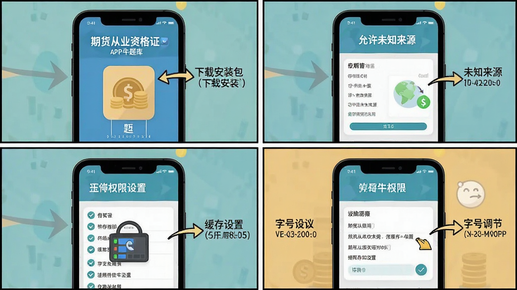 һ��չʾ���ڻ���ҵ�ʸ�֤ţ��⡱APP���ֻ��ϰ�װ�����õĲ���ʾ��ͼ���������ֻ���Ļ��Ӧ�ð�װ��Ȩ�����õ����̣�����Ϊ�ĸ�����ʽ���У��Ű��ϵ�һ�������ذ�װ�����ڶ���������δ֪��Դ���������ǻ������á����ĸ����ֺŵ��ڣ����Ϊ��ƽ���̷̳磬ϸ����ÿһ�����м�ͷָ���ͼ�����ֱ�ע�����ʸɾ��޶���Ԫ�أ����壬1080P