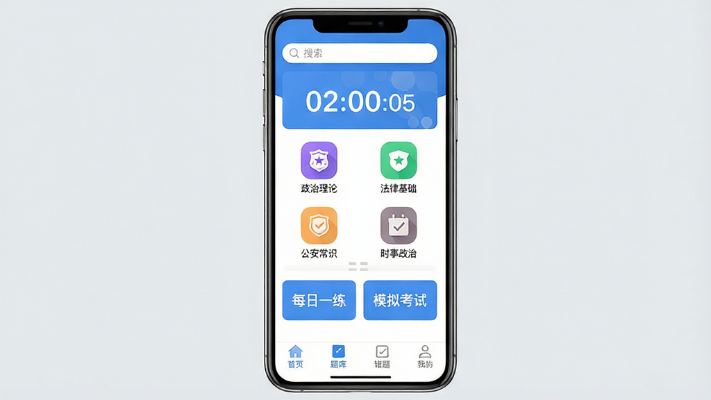 手机屏幕竖版展示辅警考试刷题库APP主界面,上方是搜索框和考试倒计时卡片,中间是题库分类入口包括政治理论、法律基础、公安常识、时事政治四个彩色图标,下方是每日一练和模拟考试大按钮,底部导航栏为首页、题库、错题、我的四个选项卡,界面风格清爽蓝色调,文字标签清晰明确,画质干净无多余元素