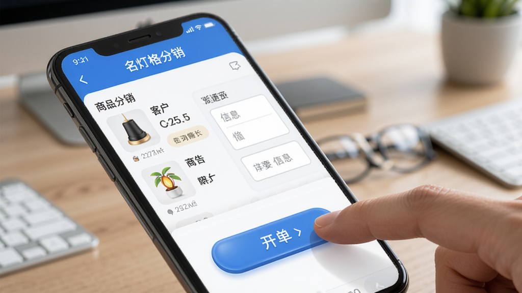 ���Ƹ���� һ�������������ܽ��棬�ֻ���Ļ��д��������һֻ�����ڵ����Ļ�ϵĿ�����ť����Ļ��ʾ��Ʒѡ���б��Ϳͻ���Ϣ��д�򣬽�����ɫ��Ϊ��ɫ�Ͱ�ɫ����ťԲ�����ʸУ�������ģ���İ칫���棬���дʵ�����ʸɾ���������Ԫ��