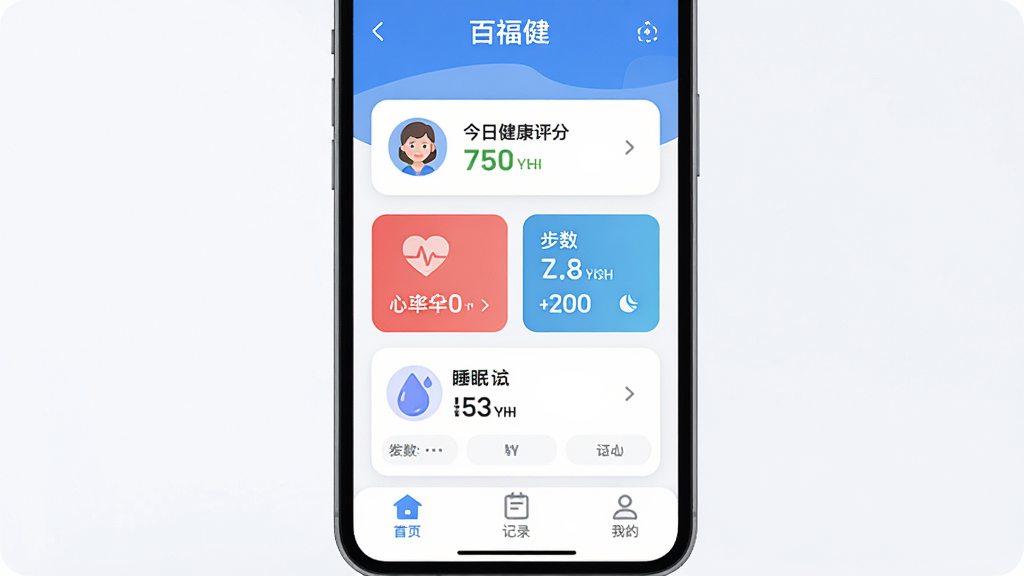 手机屏幕正中央显示“百福健”App主界面,顶部是用户头像和今日健康评分,中间是心率、步数、睡眠三张数据卡片,底部为首页、记录、我的三个图标,整体布局简洁清晰,蓝白配色,扁平化设计风格,细节圆润,画质干净,无多余元素