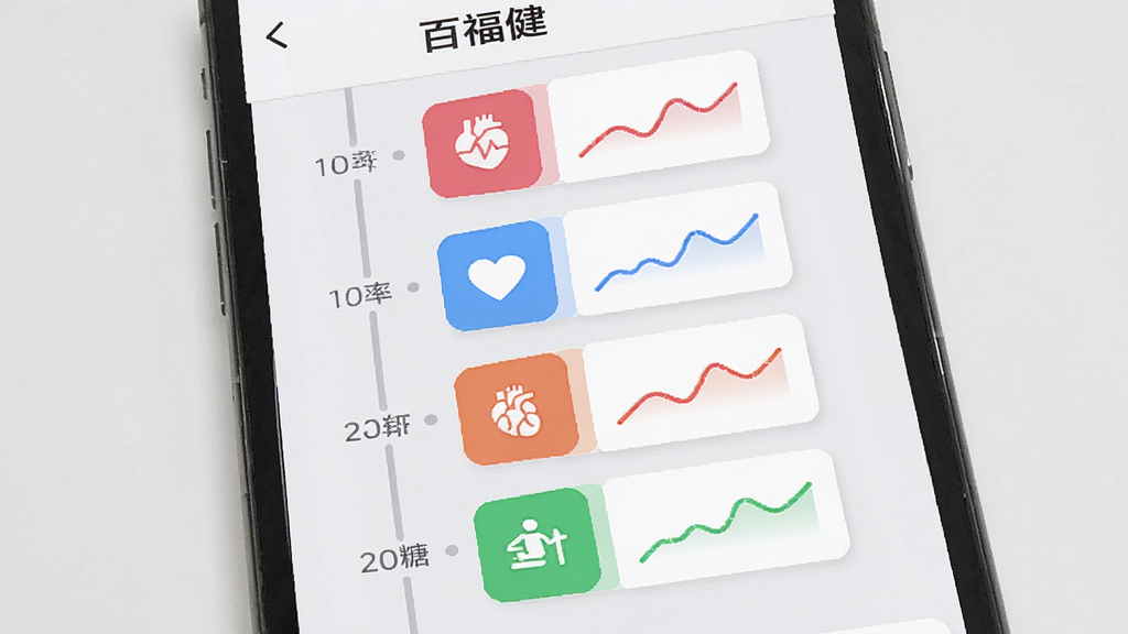 手机界面展示“百福健”健康数据记录页面,画面中央是一条纵向时间轴,上面排列着心率、血压、血糖、体重四个彩色图标卡片,每个卡片右侧有迷你折线图,背景为浅灰色,风格现代扁平,文字标签清晰,画质干净,无多余元素