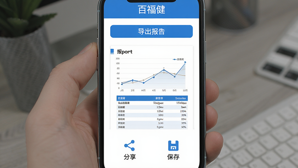 手机屏幕显示“百福健”数据导出界面,画面中有一份带有折线图和表格的报告预览,顶部有“导出报告”按钮,底部有“分享”和“保存”图标,整体布局清爽,蓝白配色,扁平化设计,画质干净,无多余元素