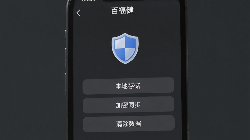 手机界面展示“百福健”隐私设置页面,画面中央是一个盾牌图标,下方有“本地存储”“加密同步”“清除数据”三个选项按钮,背景为深灰色,风格沉稳简洁,画质干净,无多余元素