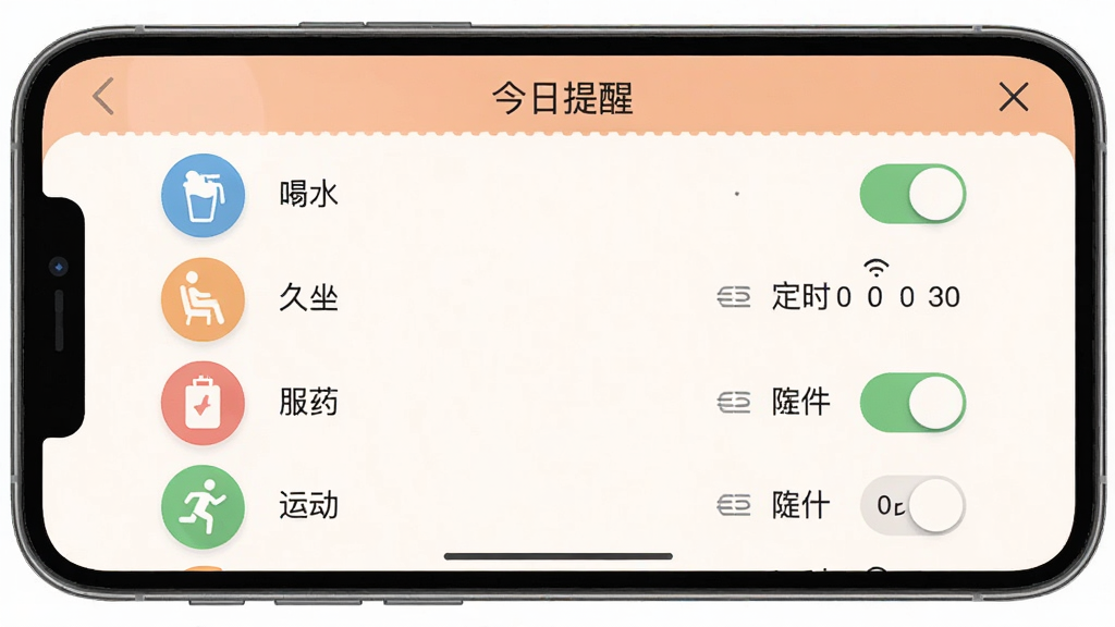 手机屏幕显示“百福健”提醒设置界面,画面左侧是喝水、久坐、服药、运动四个图标,右侧对应开关按钮和定时器,顶部有“今日提醒”标题,整体布局整齐,配色柔和,扁平化设计,画质干净,无多余元素