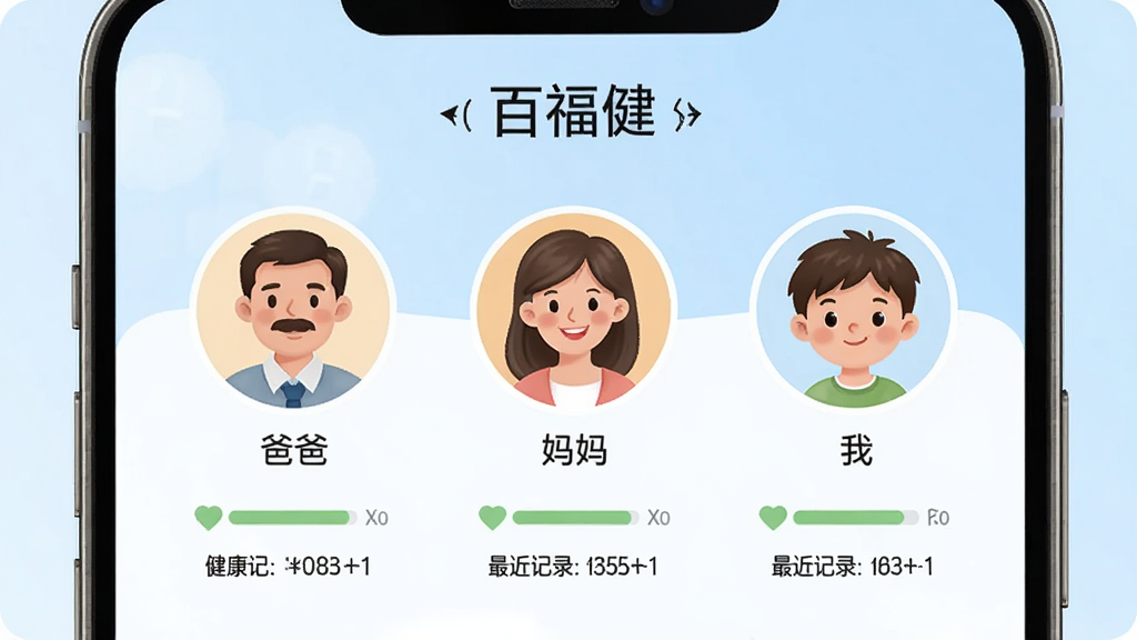 手机界面展示“百福健”家庭健康档案页面,画面中央是三个圆形头像分别标注“爸爸”“妈妈”“我”,每个头像下方有健康评分和最近记录时间,背景为淡蓝色渐变,风格温馨简洁,画质干净,无多余元素