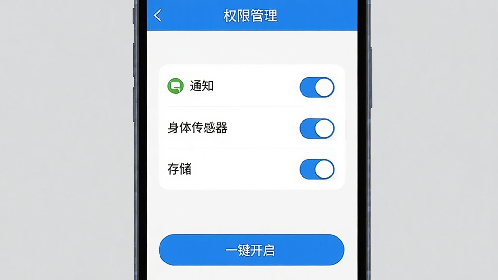 手机屏幕显示“百福健”权限设置界面,画面中央是通知、身体传感器、存储三个权限开关,顶部有“权限管理”标题,底部有“一键开启”按钮,整体布局简洁,蓝白配色,扁平化设计,画质干净,无多余元素