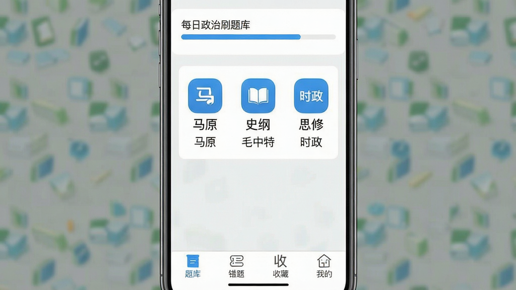 考研政治刷题库 手机应用主界面 布局 顶部显示每日刷题进度条 中间是马原 毛中特 史纲 思修 时政五个科目入口 底部为题库 错题 收藏 我的四个选项卡 风格 简洁扁平化 细节 圆角图标 蓝白配色 画质 高清 干净 无多余元素
