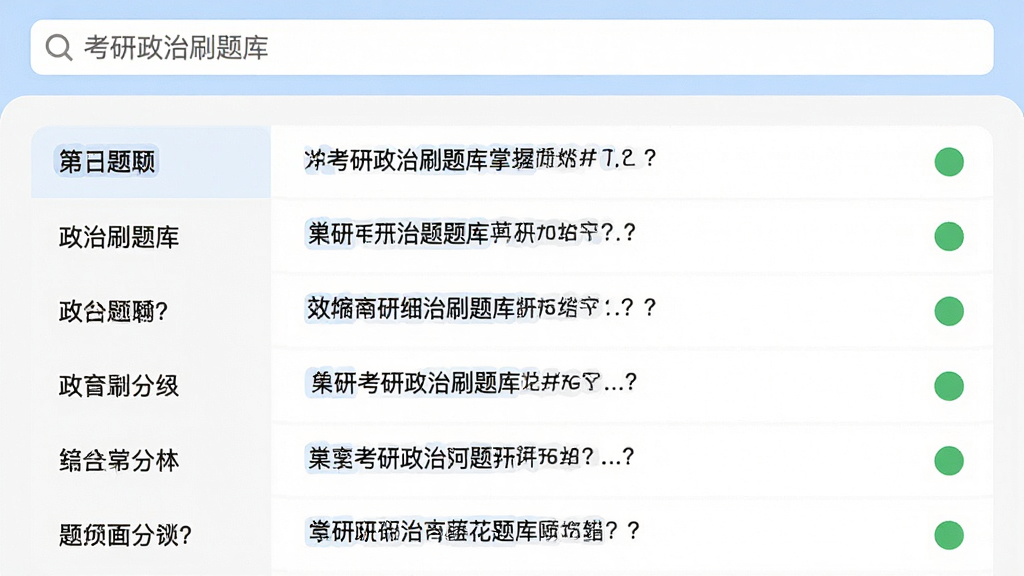 考研政治刷题库 题库列表界面 布局 顶部搜索框 下面按章节分类展示 风格 清爽学习风 细节 每道题前面有掌握程度小圆点 画质 高清 干净 无多余元素
