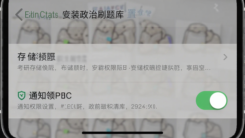 考研政治刷题库 安装权限设置界面 布局 显示存储权限和通知权限开关 风格 手机系统设置风 细节 权限说明文字清晰 画质 高清 干净 无多余元素