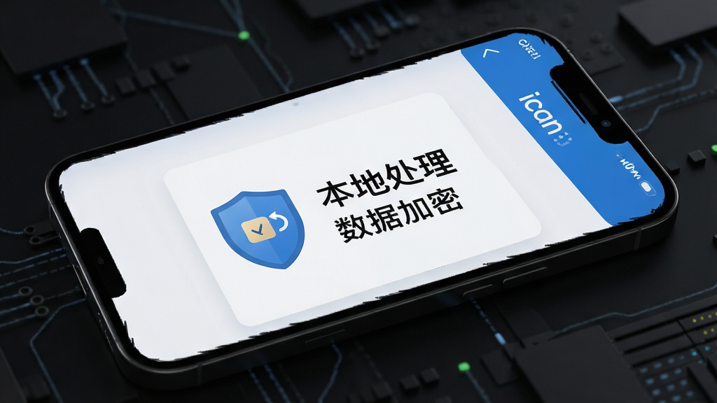 一张展示Ican数据本地化处理的图片,画面中手机屏幕显示Ican的安全中心页面,有一个盾牌图标,旁边文字