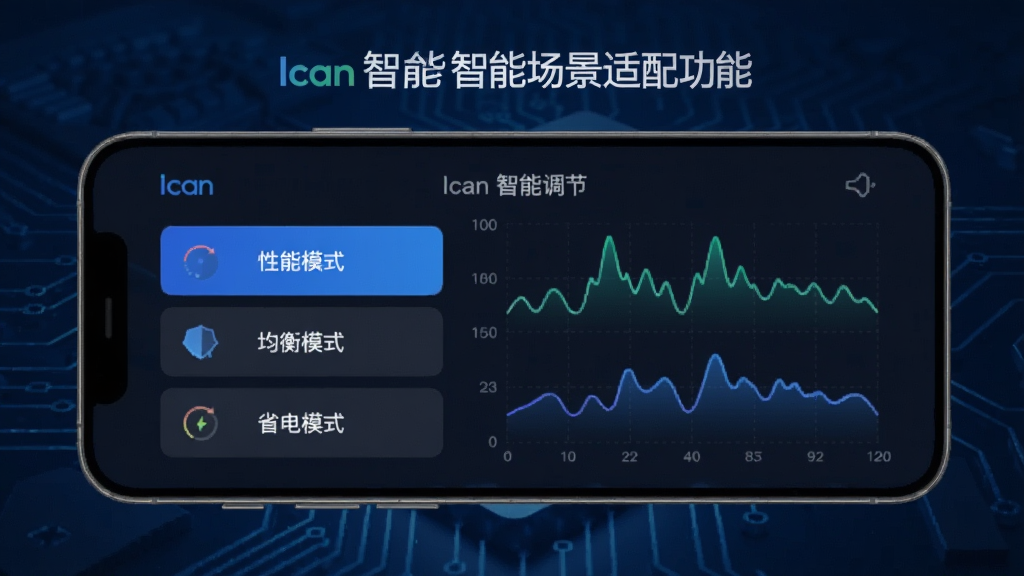 一张展示Ican智能场景适配功能的图片,画面中手机屏幕显示Ican的智能调节面板,有