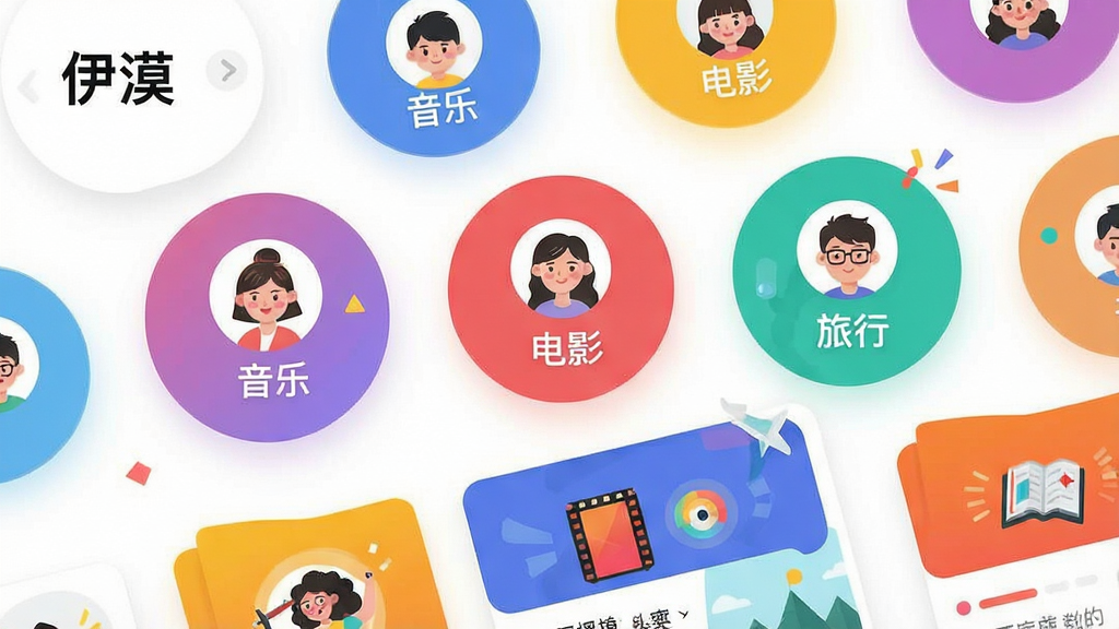 һ��չʾ����Į��App��ȤȦ�ӽ���ı�ƽ�����ͼƬ�������ж����ɫԲȦ������ͬ��Ȥ��ǩ���硰���֡�����Ӱ�������С���ԲȦ��������Сͷ���·��ж�̬��Ƭ�����ִ������£����������죬ϸ�����������ʸɾ�������Ԫ��