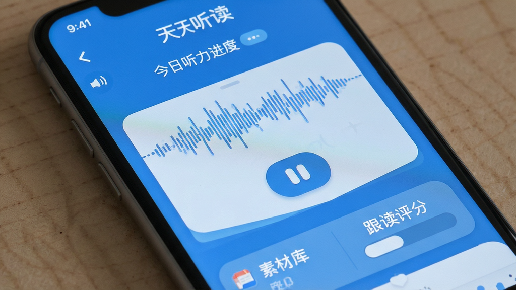 天天听读 手机屏幕显示英语听力复读界面 蓝色清爽主题 顶部是今日听力进度 中间是音频波形和复读按钮 底部是素材库和跟读评分入口 布局清晰 现代扁平风格 细节圆润 画质干净 无多余元素