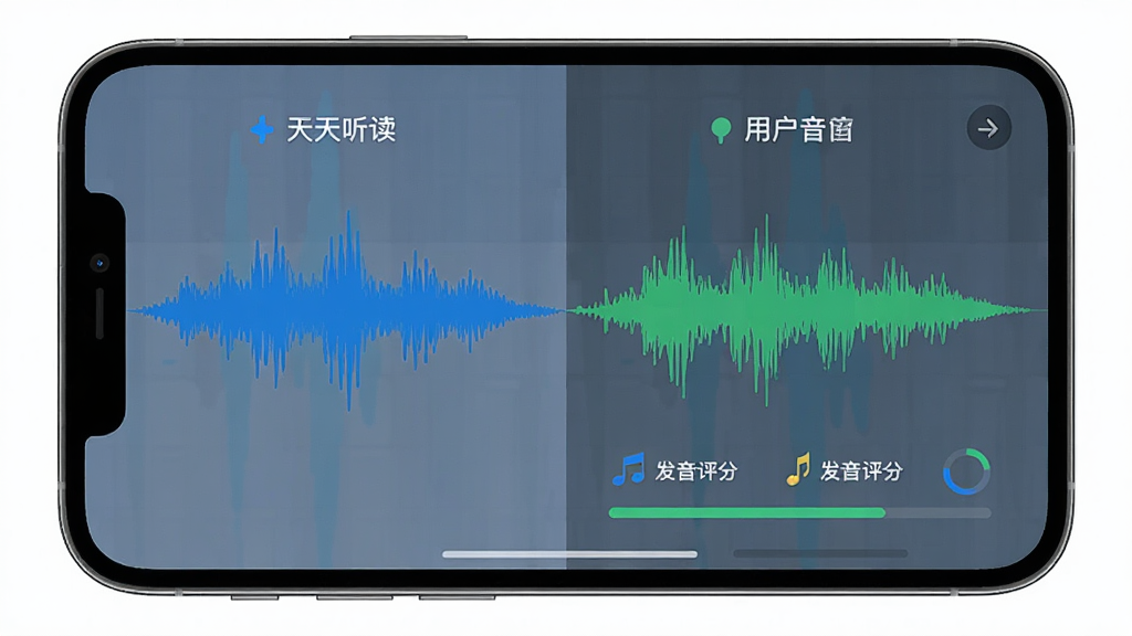 天天听读 跟读对比界面 左侧原声波形 右侧用户录音波形 下方显示发音评分 蓝色和绿色为主色调 手机屏幕展示 干净简洁 无多余元素