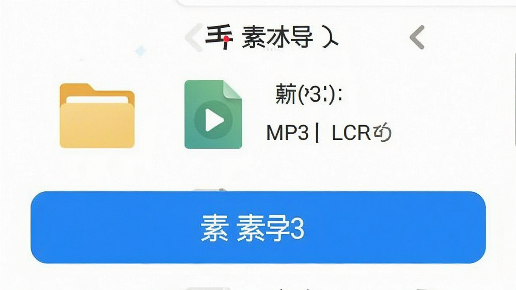 天天听读 素材导入界面 文件夹图标和音频文件列表 支持MP3和LRC格式 手机屏幕展示 蓝色按钮 白色背景 布局清晰 画质干净 无多余元素