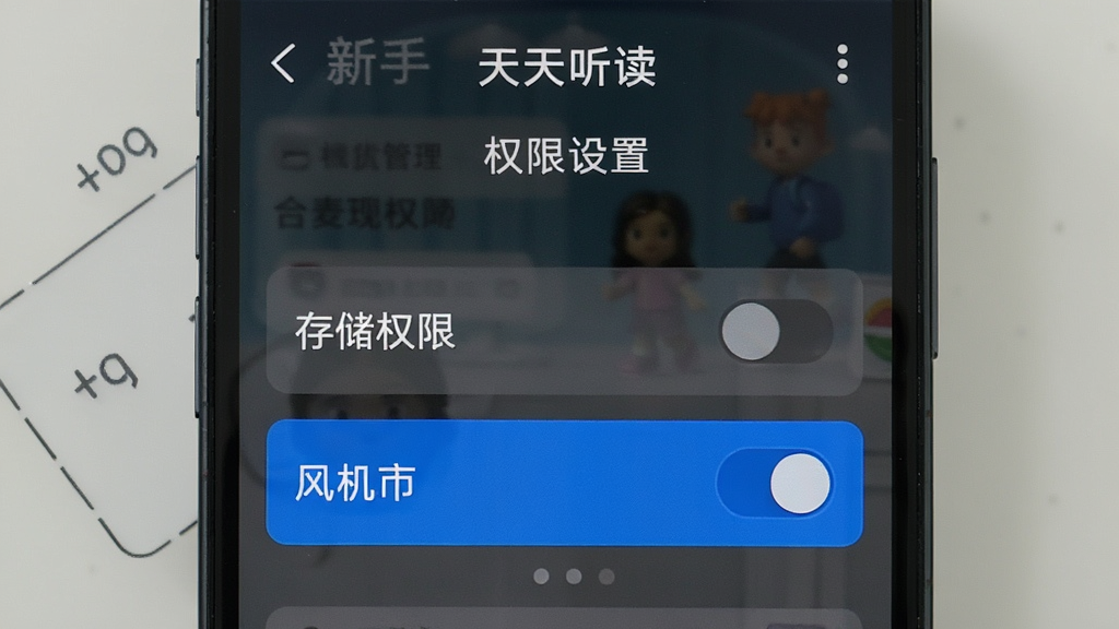 天天听读 新手设置界面 权限管理页面 存储权限和麦克风权限开关 蓝色高亮显示 手机屏幕展示 布局清晰 画质干净 无多余元素