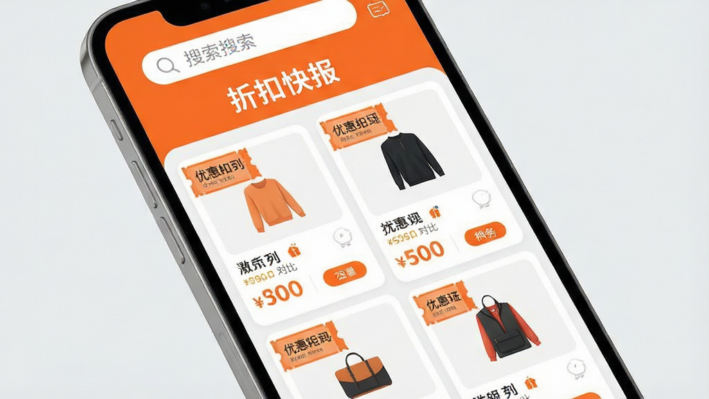 һ��չʾ���ۿۿ챨���ֻ�Ӧ���������ͼƬ������Ϊ�ֻ���Ļ�����ֶ�����������͡��ۿۿ챨��Logo���м����ٲ�����Ʒ��Ƭ��ÿ�ſ�Ƭ�����Ż�ȯ��ǩ�ͼ۸�Աȣ��Ű��������򣬷���ִ���ƽ����ϸ���ϰ�ťԲ��ɫ���Գ�ɫ�Ͱ�ɫΪ�������������ɾ����޶���Ԫ�أ�����Ϊǳ��ɫ�������Ӿ������ʡǮ����ݵĹ������ַ�Χ��