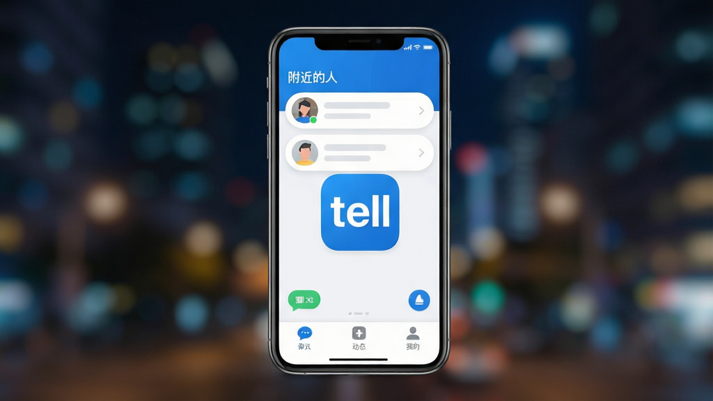 手机屏幕特写,画面中央是“tell”应用的主界面,背景是城市夜景的模糊虚化,界面设计简洁明快,顶部显示“附近的人”列表,底部有聊天、动态、我的三个图标,风格现代扁平化,色彩以蓝白为主,细节圆润,画质干净清晰,无多余元素