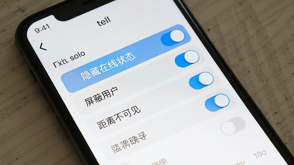 手机屏幕展示“tell”的隐私设置页面,页面中有多个开关按钮,如“隐藏在线状态”、“屏蔽用户”、“距离不可见”等,界面背景为白色,按钮为蓝色和灰色,风格清晰直观,画质干净无多余装饰