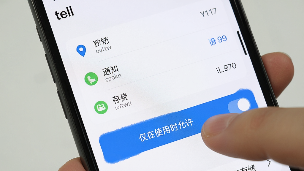 手机屏幕展示“tell”的权限设置界面,画面中有定位、通知、存储等权限选项,用户手指正在点击“仅在使用时允许”按钮,界面背景为白色,按钮为蓝色高亮,风格简洁直观,画质干净无多余元素