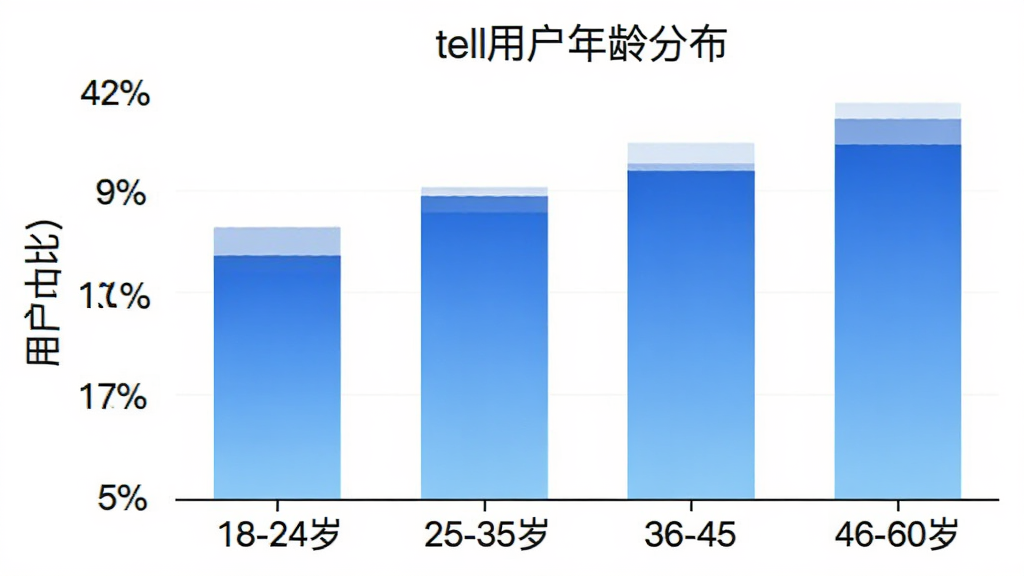 柱状图展示tell用户年龄分布,横轴为年龄段18-24岁、25-35岁、36-45岁、46-60岁,纵轴为用户占比百分比,柱状颜色为蓝色渐变,图表标题为“tell用户年龄分布”,背景白色,风格简洁数据清晰,画质干净无多余装饰
