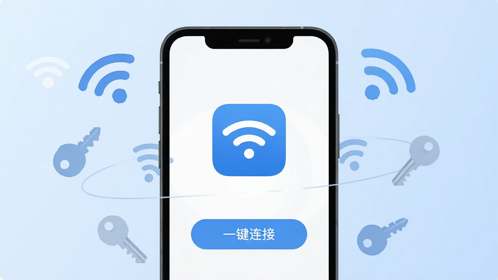 һ��չʾƽ��WiFi����������ĸ���ͼ������������һ�������ֻ����ֻ���Ļ����ʾ��ƽ��WiFi����ɫͼ��ͼ��ġ�һ�����ӡ���ť���ֻ���Χ������Ư����WiFi�ź�ͼ���Կ����״��ͼ�꣬��������͵�ǳ��ɫ���䣬����ִ���ƽ�����ʸɾ��������޶���Ԫ�ء�